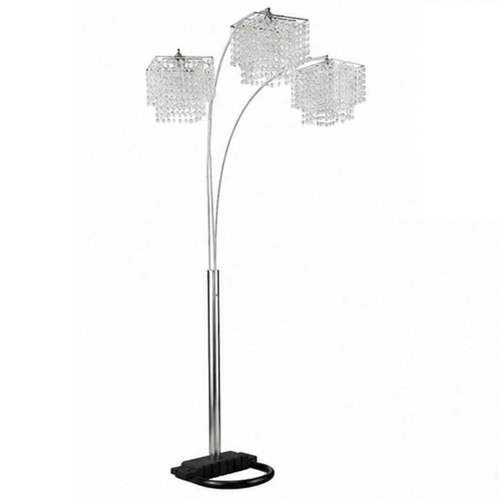Nira Floor Lamp | 3 Hanging Crystal Shades | 90" Silver Arc Frame
