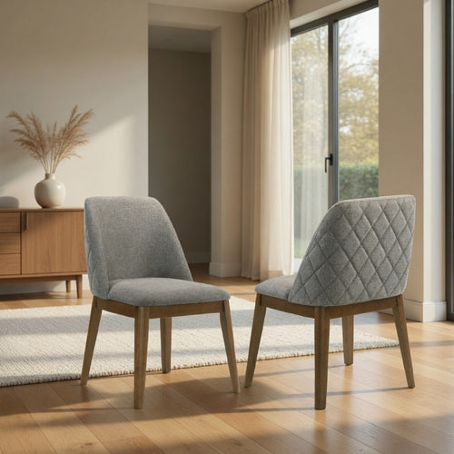 Freda Dining Chair | Set of 2 | Gray Diamond Quilted Fabric | Brown Wood