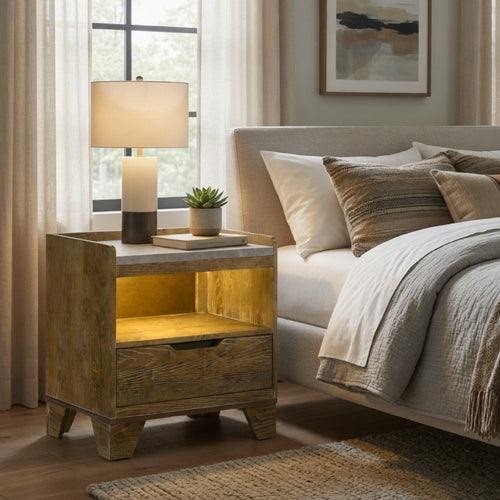 Nolan Nightst& with LED Cubby | Drawer & Marble Top | Brown Wood