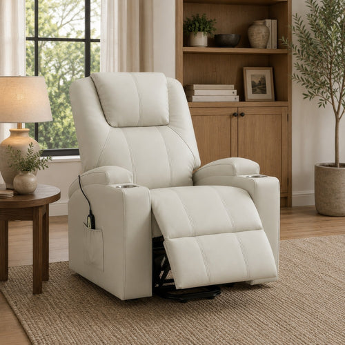 Stoy Power Lift Recliner Chair | Heat & Massage | Ivory Faux Leather