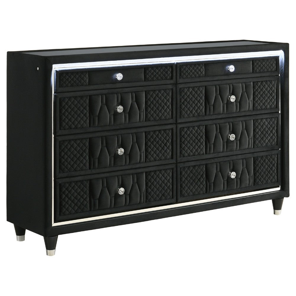 Maren Wide Dresser | 8 Drawers & LED Light | Black Tufted Velvet | Glass Top