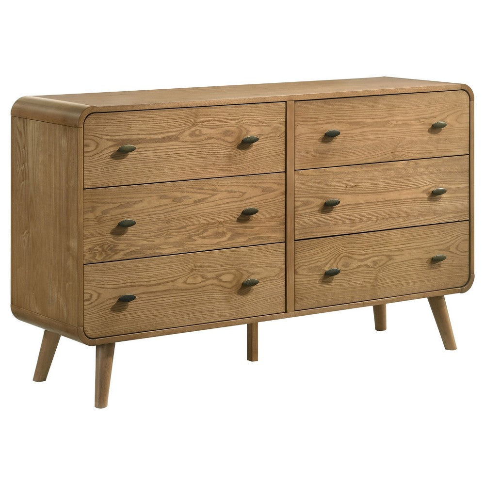 Ryb Wide Dresser with 6 Drawers | Angled Legs | Brown Rubber Wood