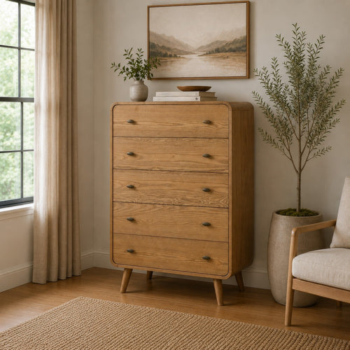 Ryb Tall Dresser Chest with 5 Drawers | Angled Legs | Brown Rubber Wood