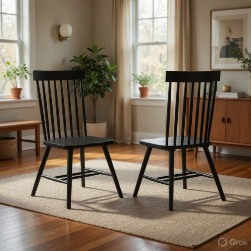 Andy Dining Side Chair Set of 2 | Windsor Back | Scooped Seat | Black Wood