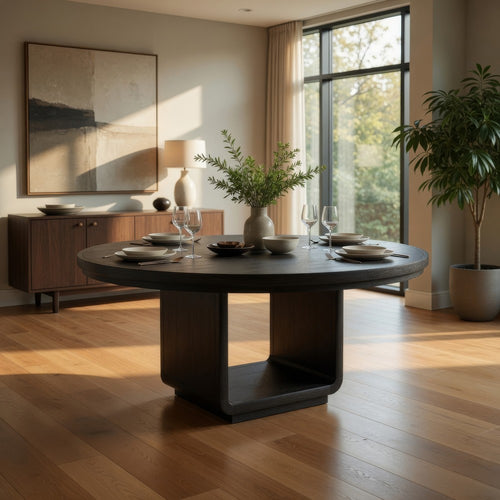 Lina Dining Table | 60" Round Top | Open Square Base | Burnished Black