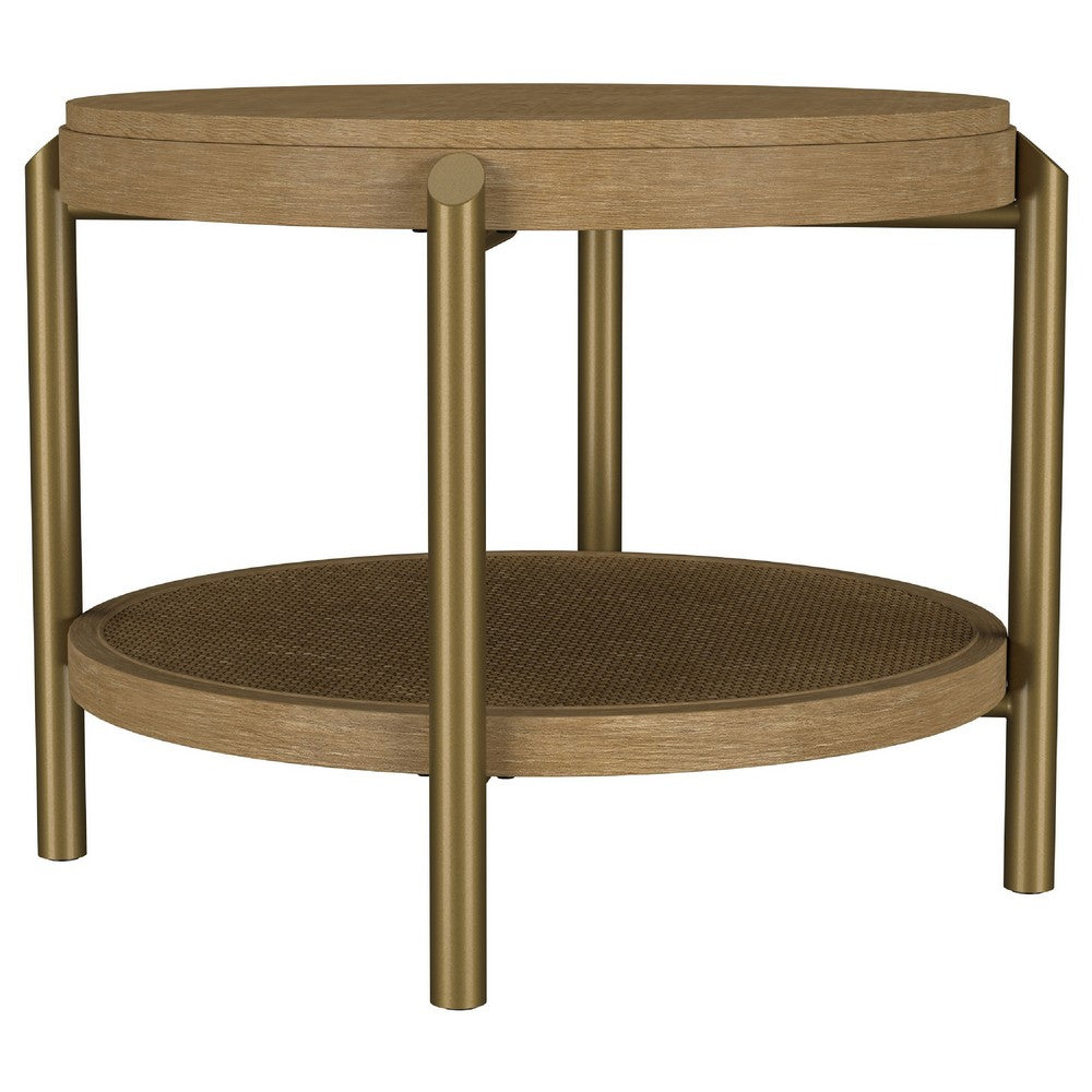 Fij 2Pc Round Coffee and End Table Set | Lower Rattan Shelf | Brown Wood