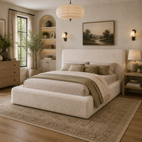 Beca Queen Panel Bed | Foam Headboard | Cream Faux Fur Upholstery | Modern