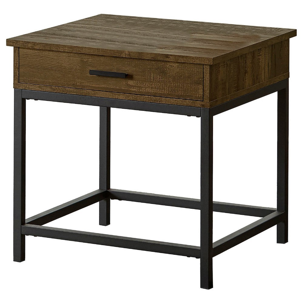 Mecy 2pc Coffee and Side End Table Set | Oak Brown Top | Black Metal