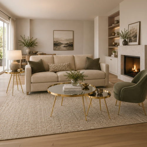Kecy 3pc Coffee and End Table Set | Gold Metal Frame | Round Mirror Top