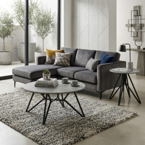 Aya 2pc Coffee and End Table Set | Gray Faux Cement Top | Black Metal