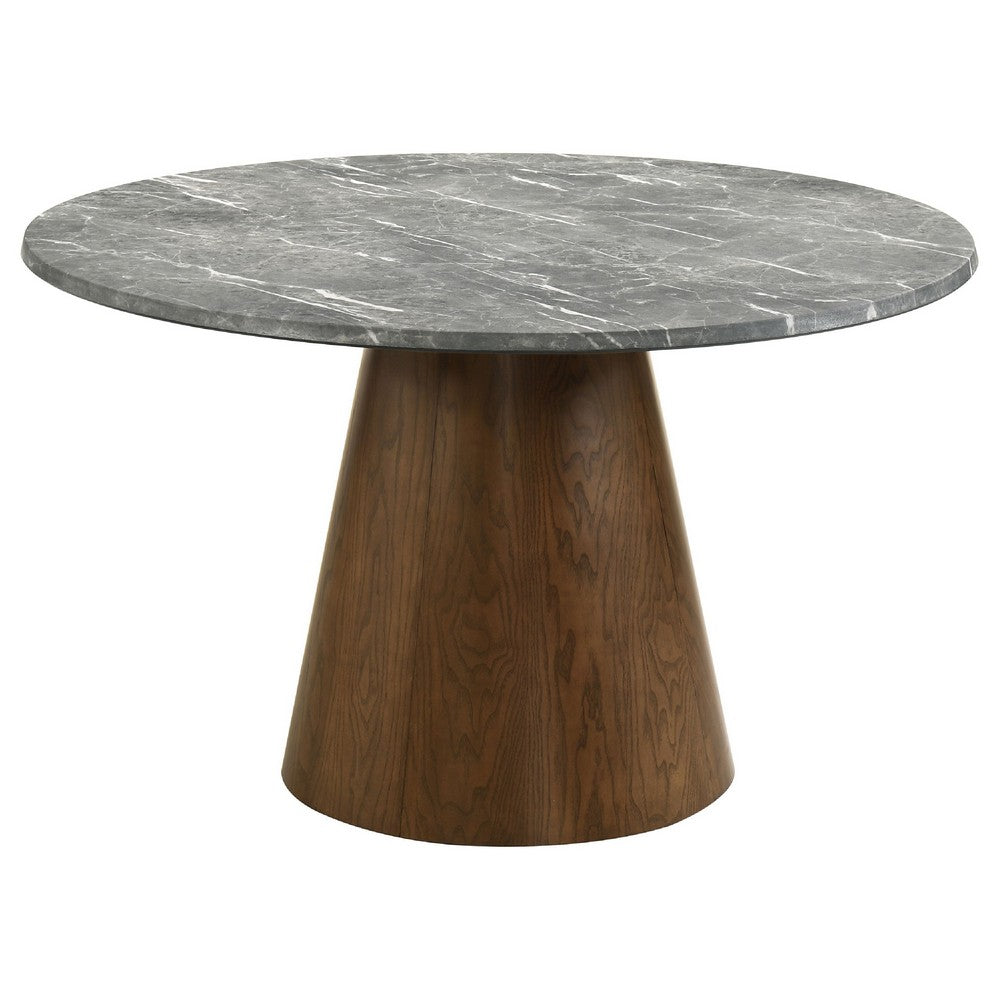 Freda Dining Table | Pedestal Base | Gray Faux Marble Laminate 50"
