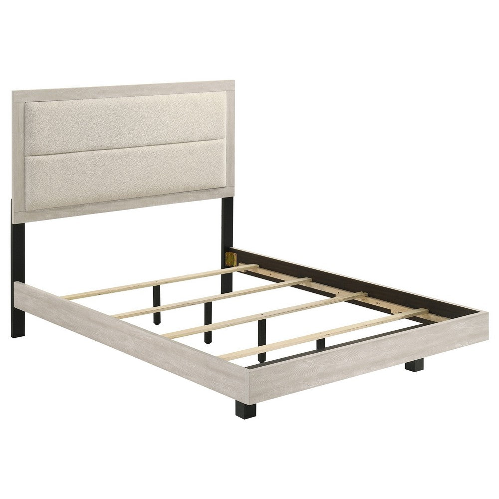 Qanto Full Panel Bed | Beige Tufted Fabric Headboard | Rustic Cream Wood