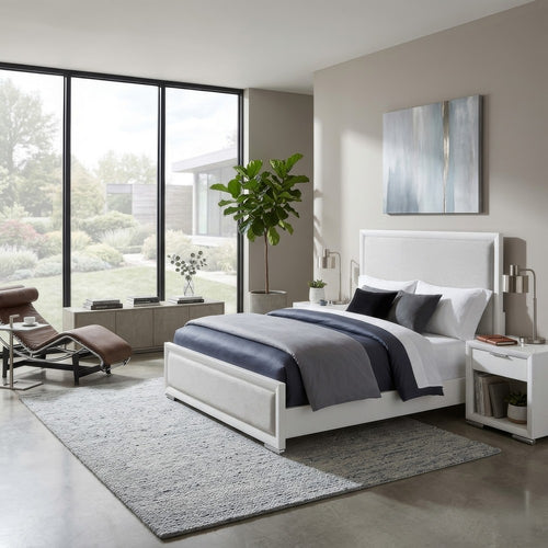 Ruvie King Panel Bed with Gray Herringbone Weave Fabric | White Wood