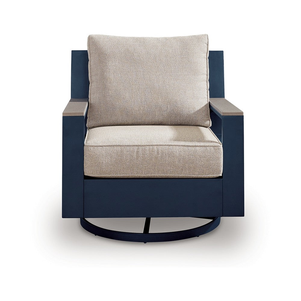 Beco Outdoor Swivel Glider Chair | Beige Nuvella Cushions | Navy Blue Metal