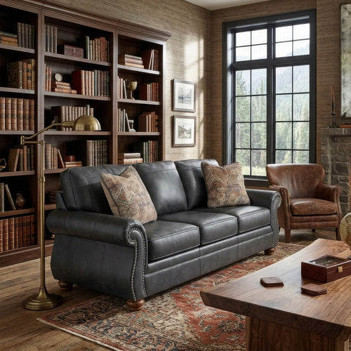 Cyrus Sofa w 2 Pillows | Roll Arms | Nailed Gray Faux Leather 92"