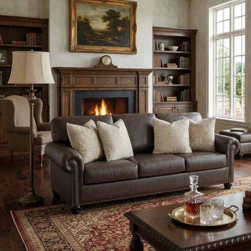 Fecy Sofa | 4 Pillows | Nailed Roll Arms | Umber Brown Faux Leather 98"