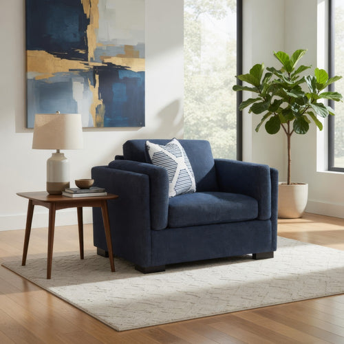 Marcy Oversized Chair with Bolsters Arms | Accent Pillow | Navy Fabric