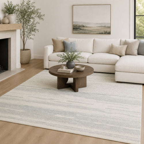 Genie Hand-Tufted Large Area Rug | Abstract Striped Patterns | Ivory Blue Wool 8x10