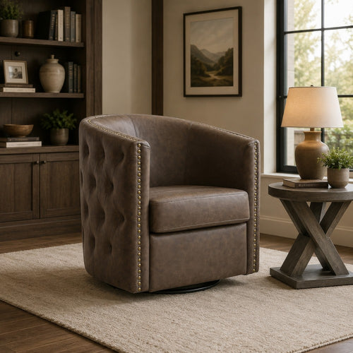 Amay Swivel Accent Chair | Barrel Design | Granite Tufted Faux Leather