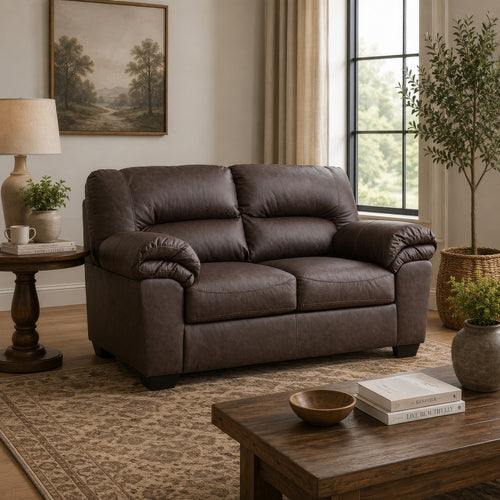 Lalie Loveseat | Corner Block Frame | Umber Jumbo-Stitch Faux Leather 66"