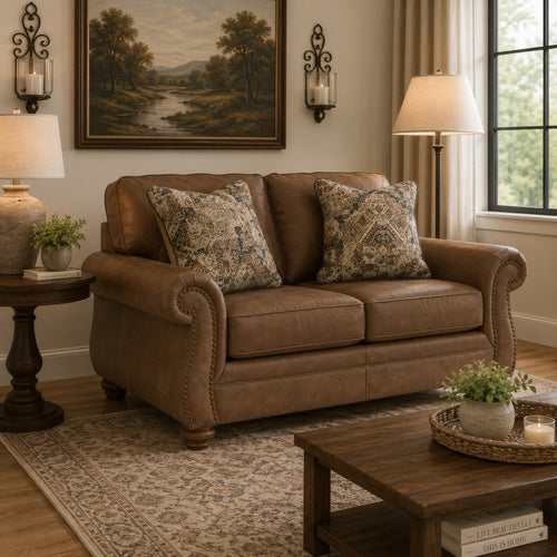 Cyrus Loveseat with 2 Throw Pillows, Earthy Brown Faux Leather, 68"