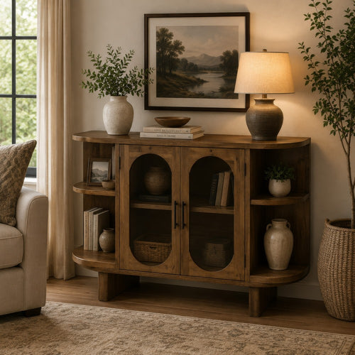 Nisa Accent Cabinet, 2 Glass Doors, Capsule Shelves, 40" Light Brown