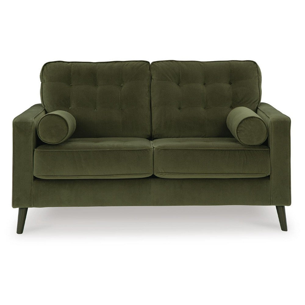 Pir Loveseat with 2 Bolster Pillows, Tufted Back, Olive Green Velvet, 61"