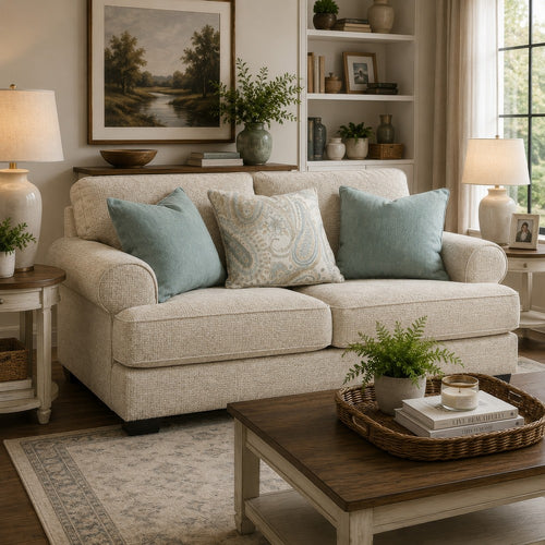 Monie Loveseat with Rolled Arms | 3 Accent Pillows | Sandstone Chenille 74"