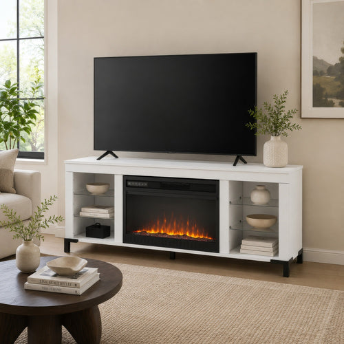 Levvy TV St& Media Console | Electric Fireplace | Storage | White Wood 60"