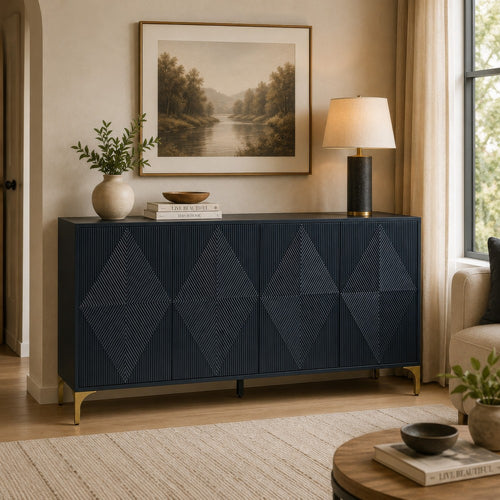 Bobby Accent Cabinet | Geometric Doors | Gold Metal Legs | Dark Blue Wood 72"
