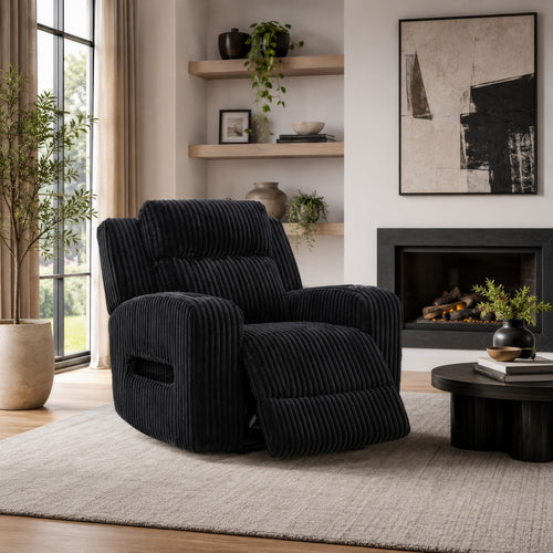 Rumy Power Recliner Chair with Blue LED | Cup-Holder | Black Corded Polyester