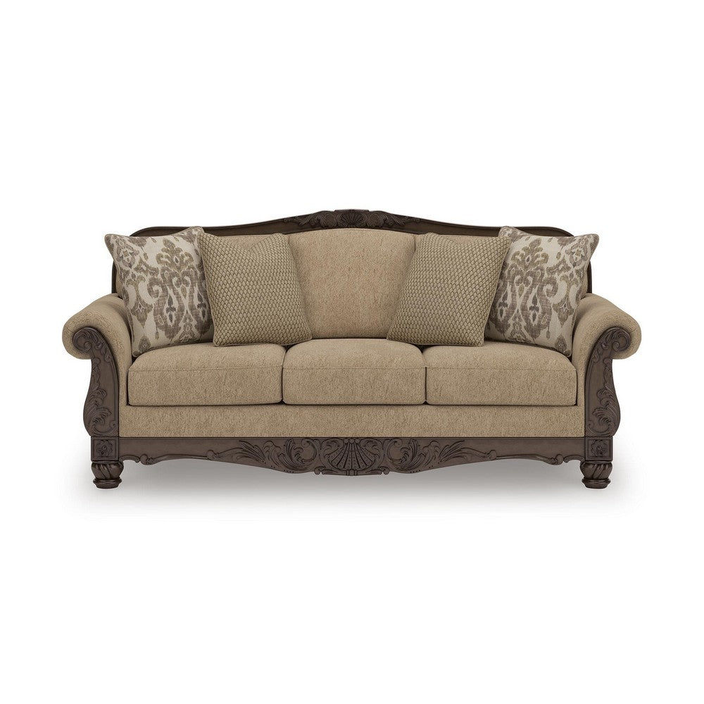 Chelsy Traditional Sofa w Carvings | Dark Brown Wood | Golden Polyester 93"
