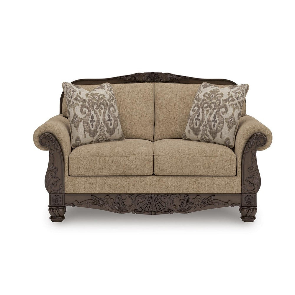 Chelsy Loveseat w 2 Pillows | Carving | Dark Brown Wood | Golden Polyester 68"
