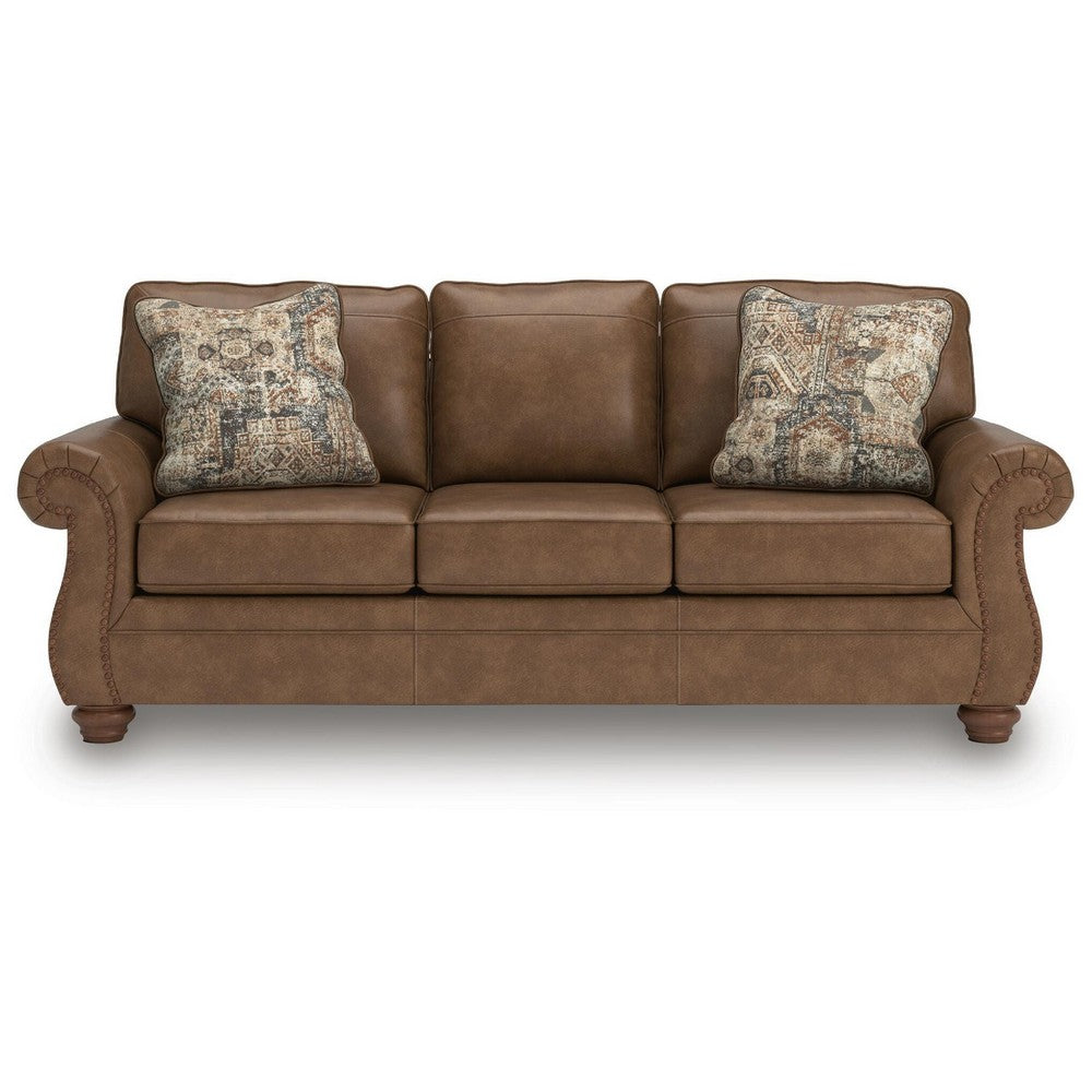 Cyrus Sofa with Nailhead Trim | 2 Accent Pillows | Brown Faux Leather 92"
