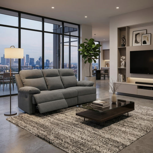 Silvy Reclining Sofa with Drop Down Table | USB Ports | Gray Chenille 86"