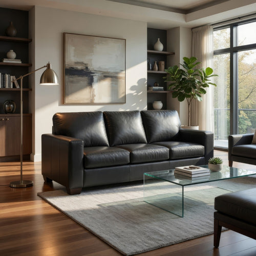 Miller Sofa with Exposed Wooden Feet | Blue Leather-Faux Leather 85"