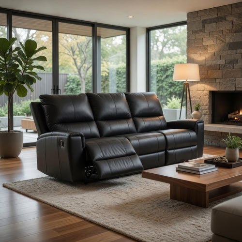 Larry Dual Reclining Sofa with Pull Tab Mechanism | Black Leather 84"