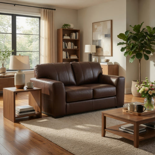 Liano Loveseat with Wide Seating | Low-Profile Base | Brown Leather 70"