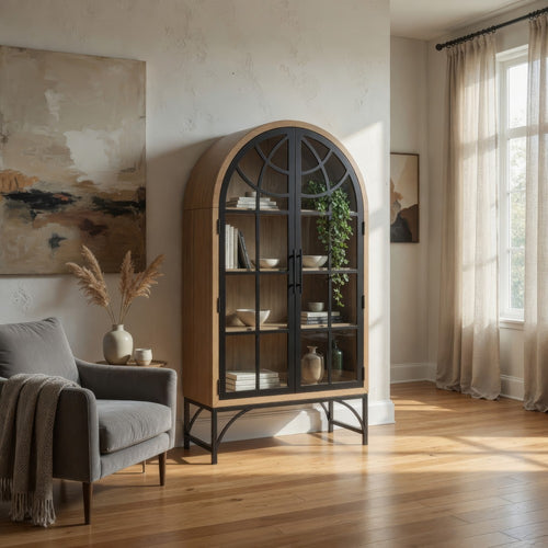 Gwen Arched Accent Cabinet with Glass Panel Doors | Natural-Black Wood 74"