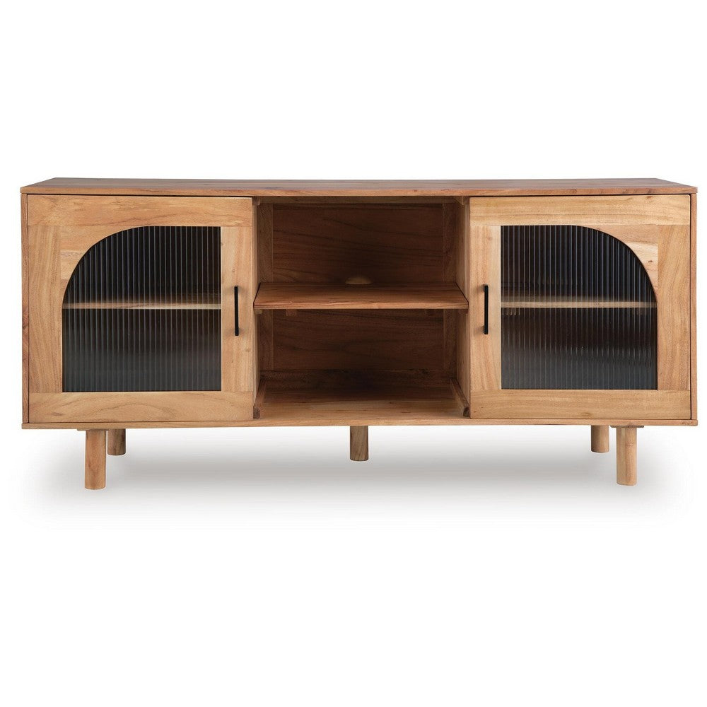 Adwy Accent Cabinet | Arched Glass Doors and Shelves | Brown Acacia Wood 64"