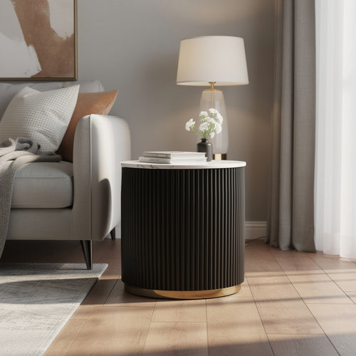 Frey Side End Table | White Faux Marble | Reeded Base | Gold B&ing 22"