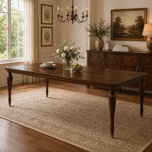 Raam Dining Table w Leaf | Turned Legs w Gold Caps | Cherry Brown 76-94"