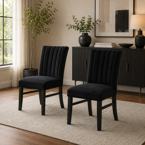 Sely Side Dining Chair Set of 2 | Foam Fill Seat & Channeled Back | Black