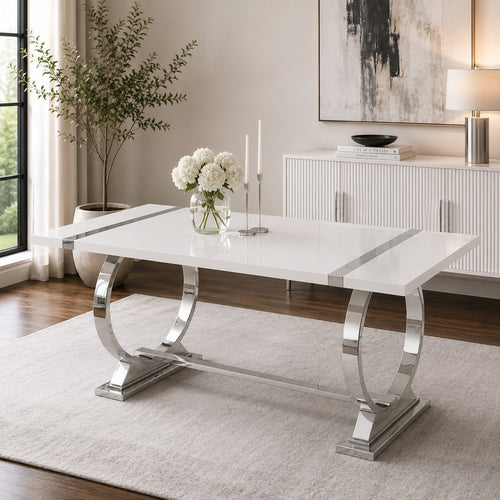 Hols Dining Table | Silver B&ing on White Top | O-Shaped Steel Legs 60"