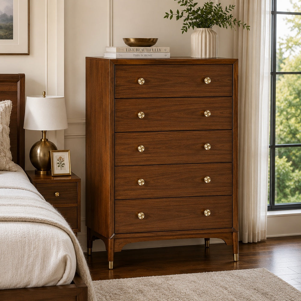tall brown dresser for bedroom Urne Chest | 5 Drawers | Gold Capped Legs tall dresser for bedroom
