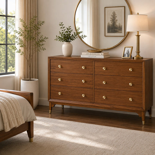 Urne Wide Dresser | 6 Drawers | Gold Capped Legs & Knobs | Walnut Brown