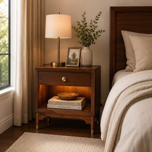 Urne Nightst& | 1 Drawer with Shelf | USB Port & LED | Walnut Brown
