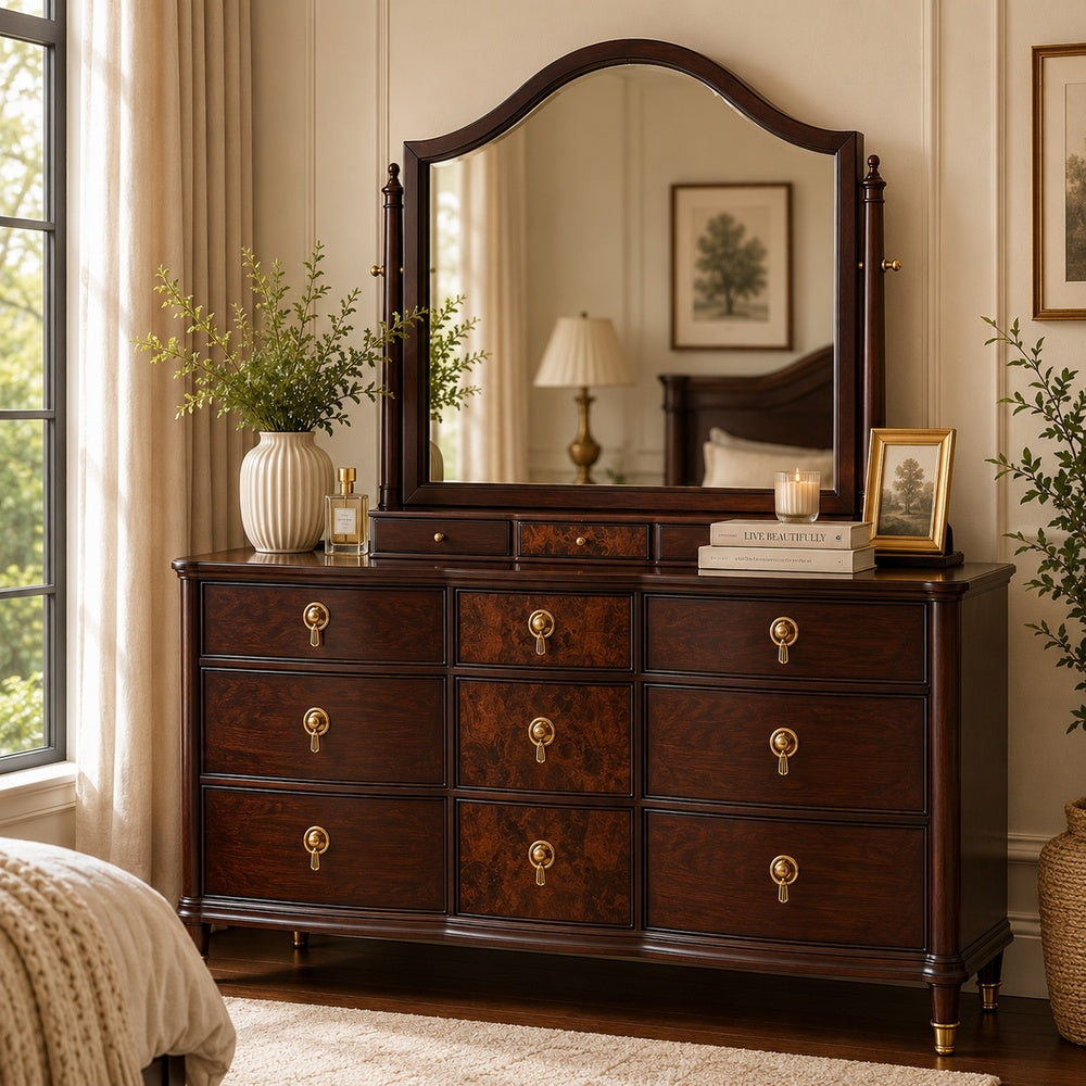 dresser with mirror dark brown Raam Arched | 3 Drawers | Tiltable Classic and transitional Christina Wu Celebration Bridesmaids Style:Necklace loafer tassel