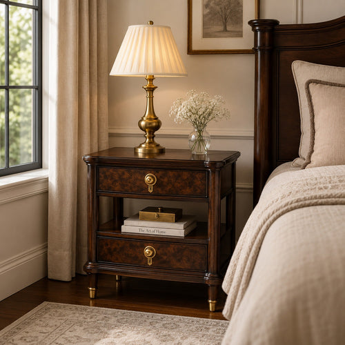 Raam Nightst& | 2 Drawers | 1 Shelf | Gold Capped Legs | Dark Cherry Brown