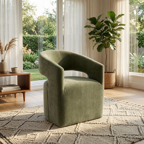 Esha Accent Barrel Chair w Casters | Foam Fill Textured Green Upholstery